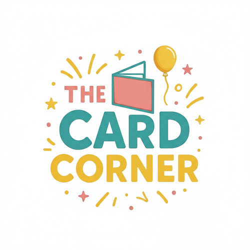 Logo for 'The Card Corner' with colorful text and graphics on a whitebackground